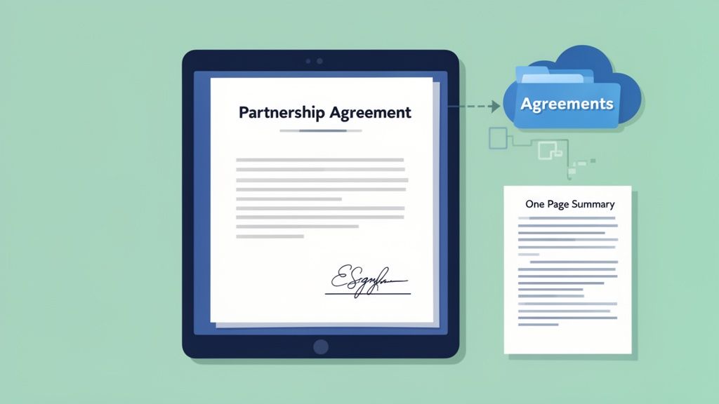 A digital partnership agreement on a tablet is saved to cloud storage with a one-page summary.
