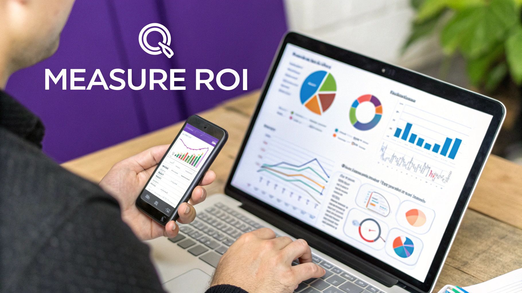 A person views business analytics and charts on a laptop and smartphone, measuring ROI.