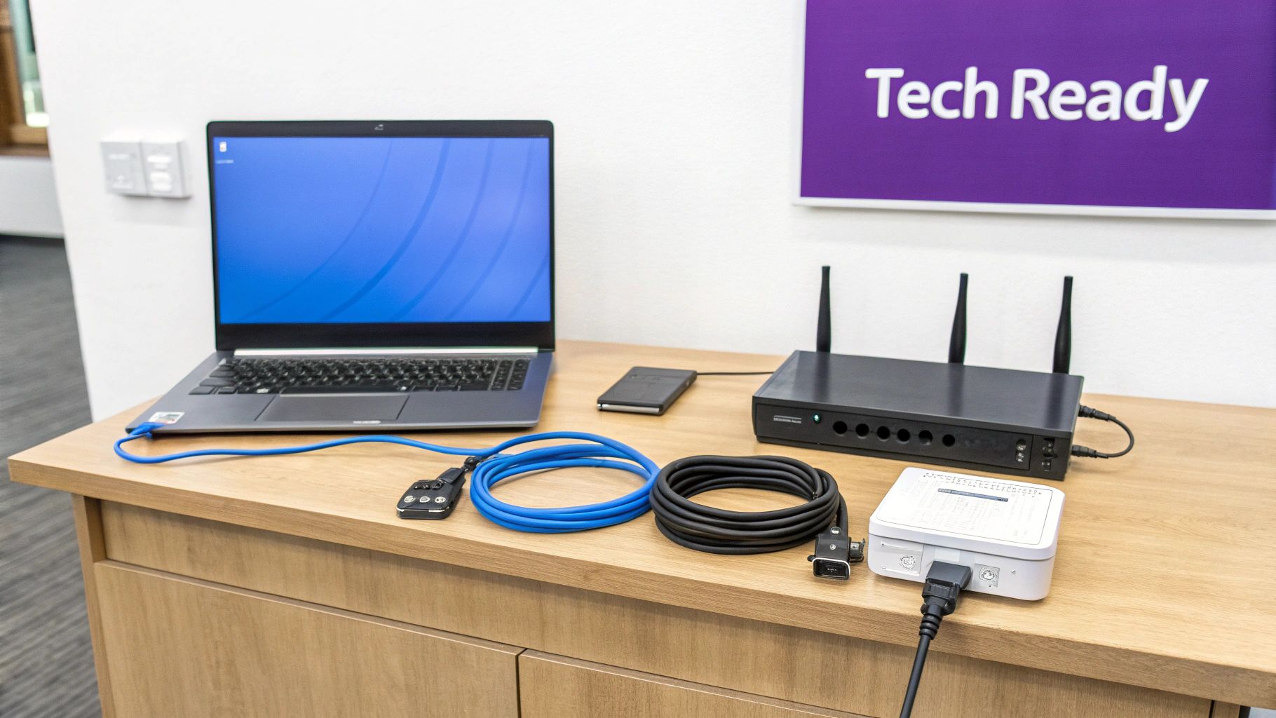 A laptop, network router, cables, and other tech equipment are arranged on a wooden table, under a 'Tech Ready' sign.