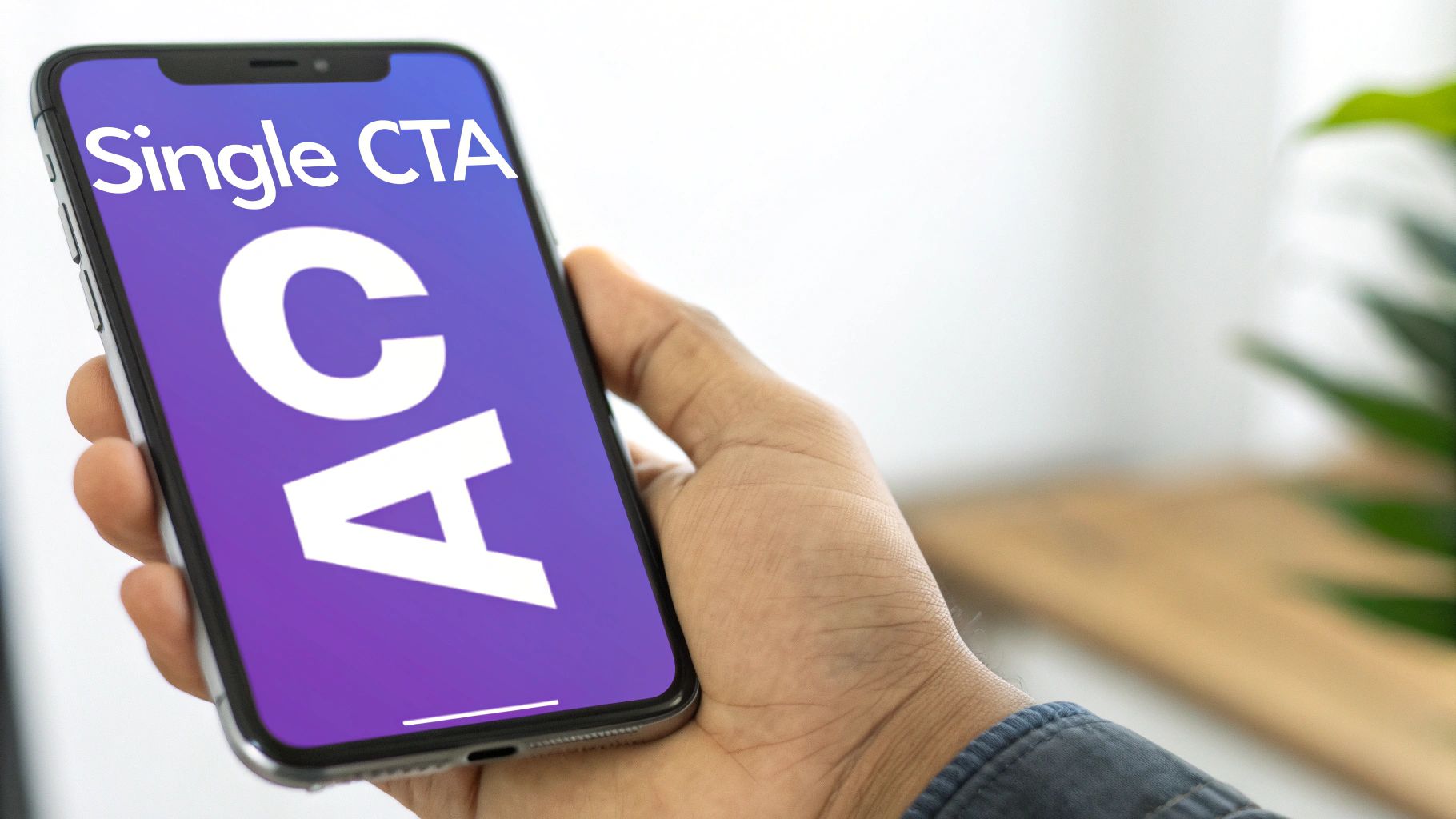 Person holding smartphone displaying Single CTA text on purple gradient screen for mobile conversion