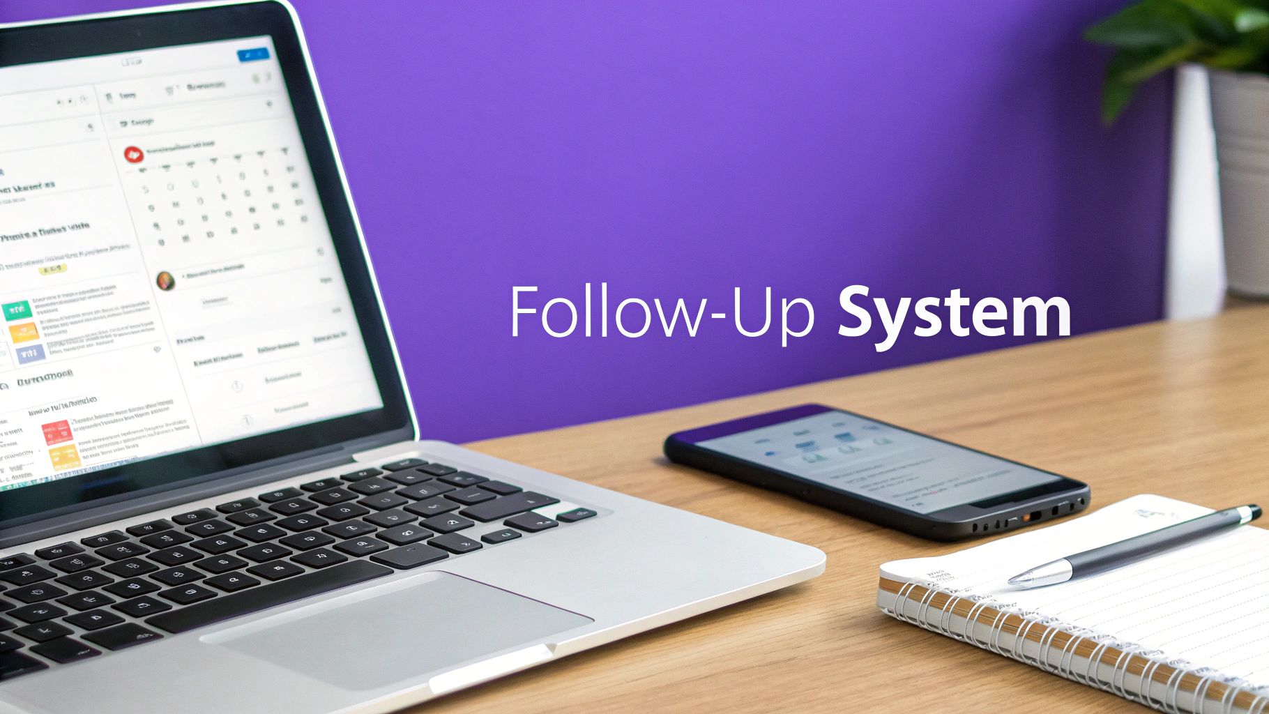 A laptop, smartphone, and notebook with a pen on a wooden desk with a purple background that says 'Follow-Up System'.