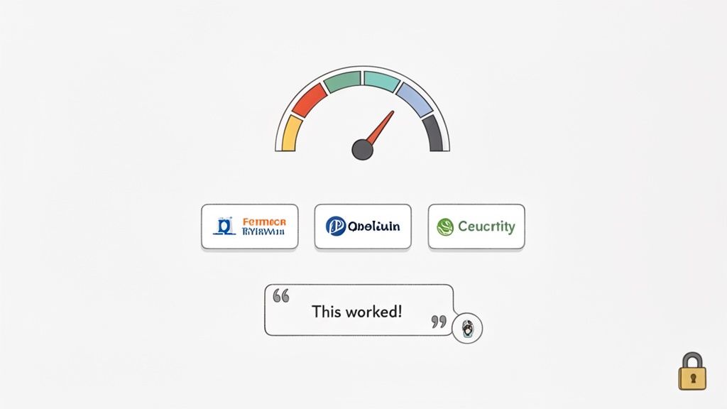 A clean interface showing a gauge, three company logos, a 'This worked!' message, and a security padlock.