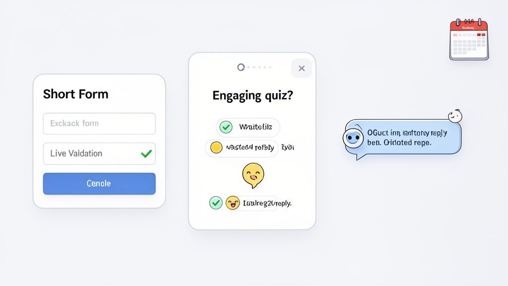 User interface design elements: a form, an interactive quiz, a chat bubble, and a calendar icon.