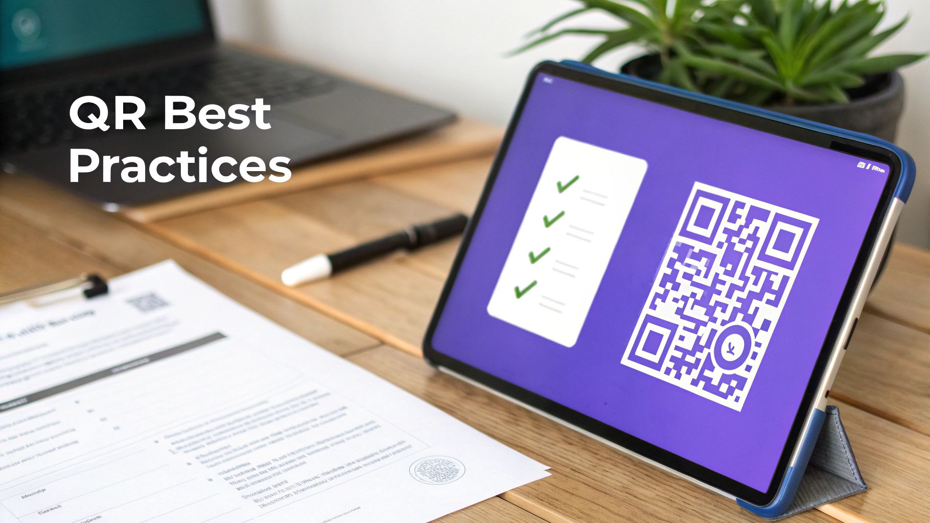 A well-designed QR code featuring a company logo and brand colors being scanned by a smartphone.