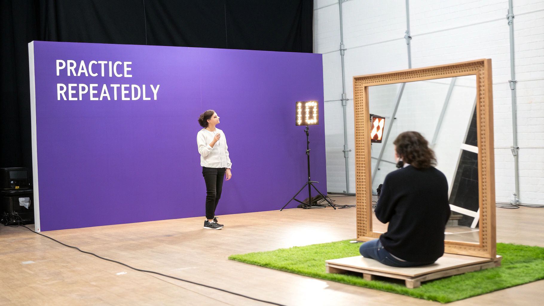 A woman practices public speaking in front of a 'PRACTICE REPEATEDLY' wall, watched by another.