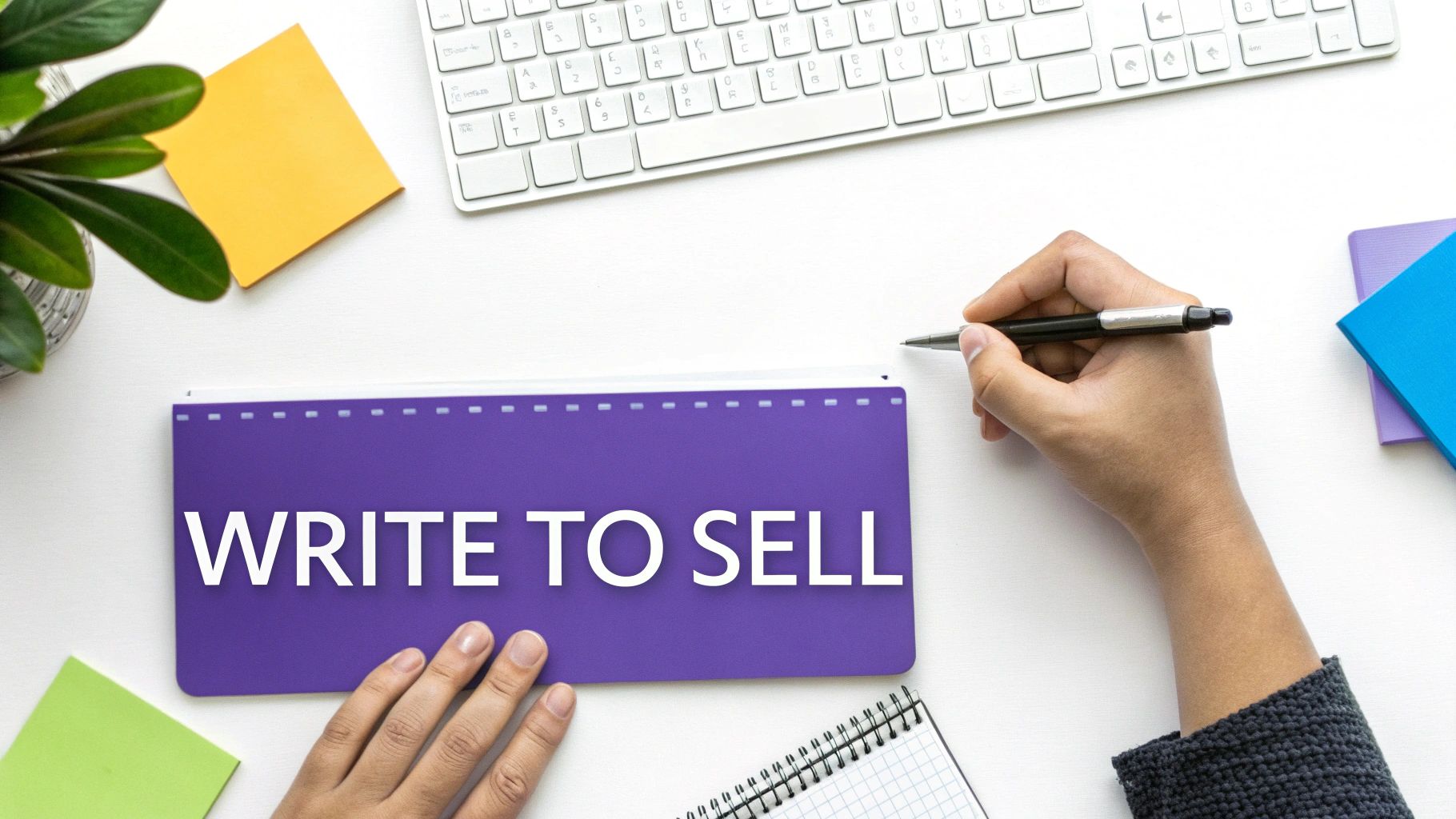 A person writing at a desk, surrounded by notes and sketches, symbolizing the creative process of writing persuasive copy.