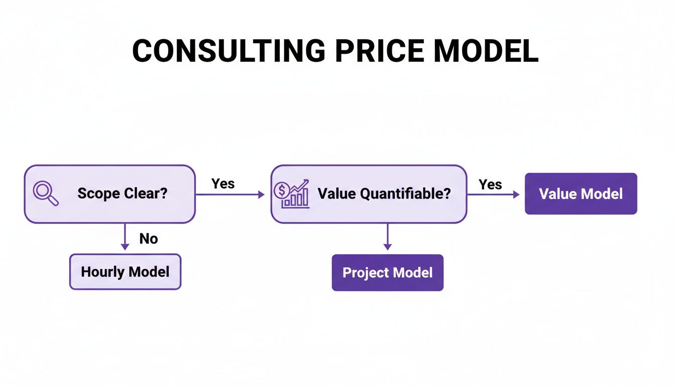 Flowchart illustrating a consulting pricing model decision process based on scope and value.
