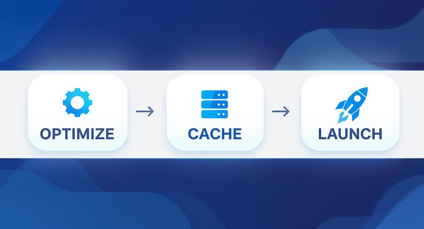 Three-step workflow diagram showing optimize, cache, and launch process with gear, server, and rocket icons