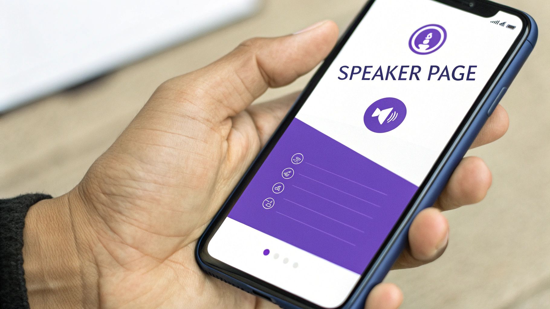 Hand holding a smartphone displaying a 'SPEAKER PAGE' with purple icons and text.