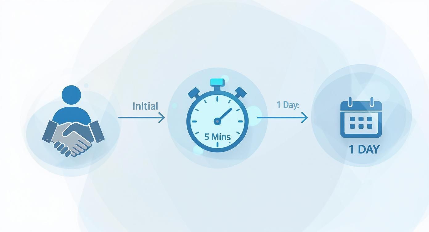 Business process diagram showing handshake leading to five minute timer then one day follow up