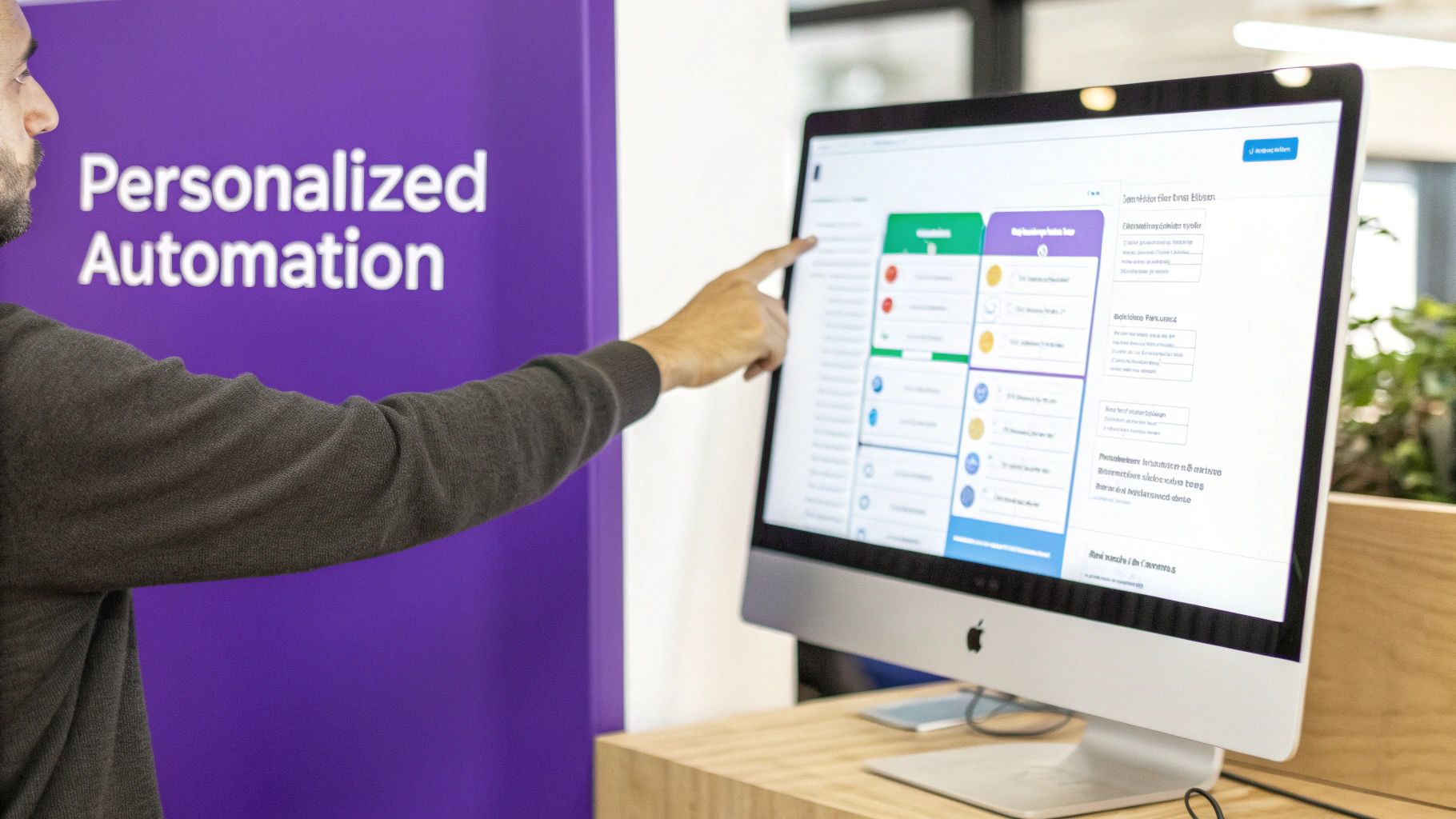 A person points at an Apple iMac screen displaying 'Personalized Automation' software with various workflow blocks, suitable for lead generation email marketing.