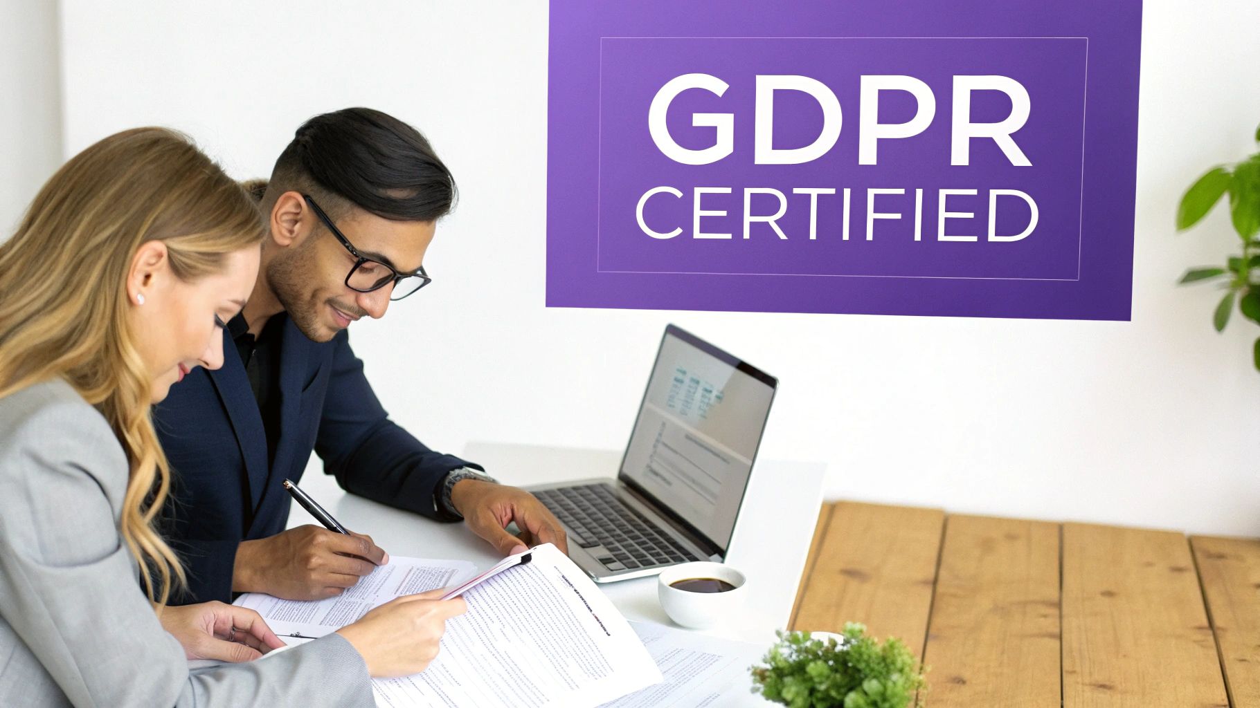 A person holding a tablet displaying a security shield icon, symbolizing data protection and GDPR compliance.