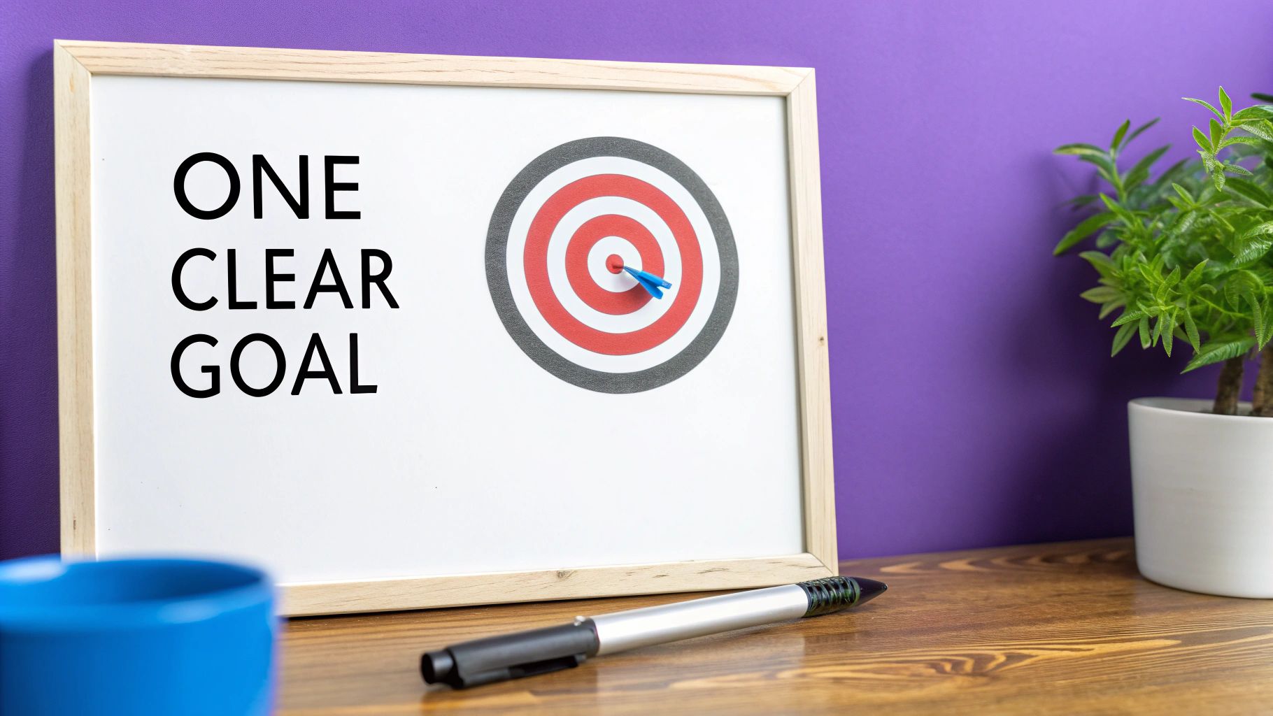 A person's hands pointing to a dartboard with a single dart in the bullseye, symbolizing a focused goal.