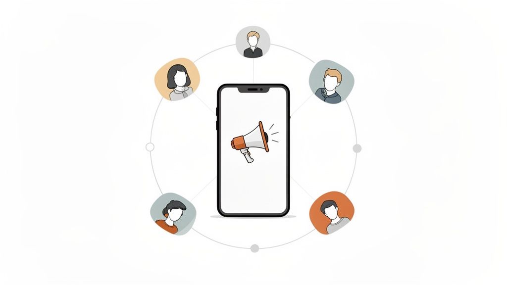 A smartphone with a megaphone icon broadcasts to diverse user avatars in a circular network.