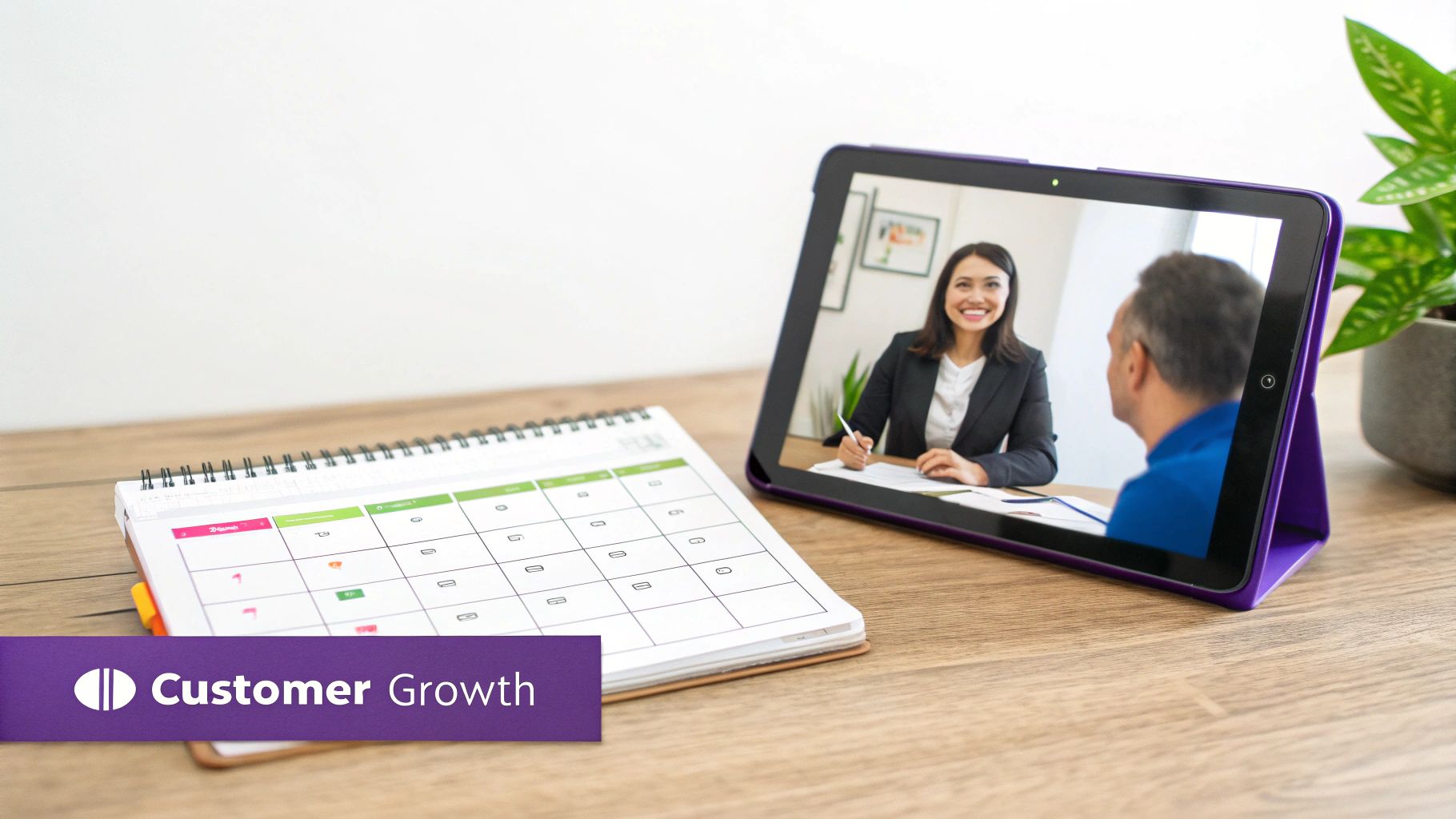 A calendar and tablet showing a virtual meeting with a smiling business woman and a man, with a 'Customer Growth' banner.