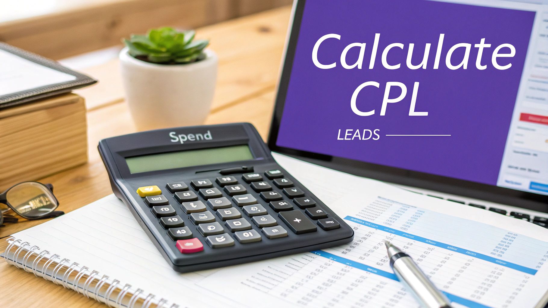 A calculator with 'Spend' on its screen and a laptop displaying 'Calculate CPL LEADS' on a desk with financial reports.