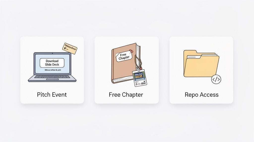Visual representation of three personalized landing page offers: Pitch Event, Free Chapter, and Repo Access.