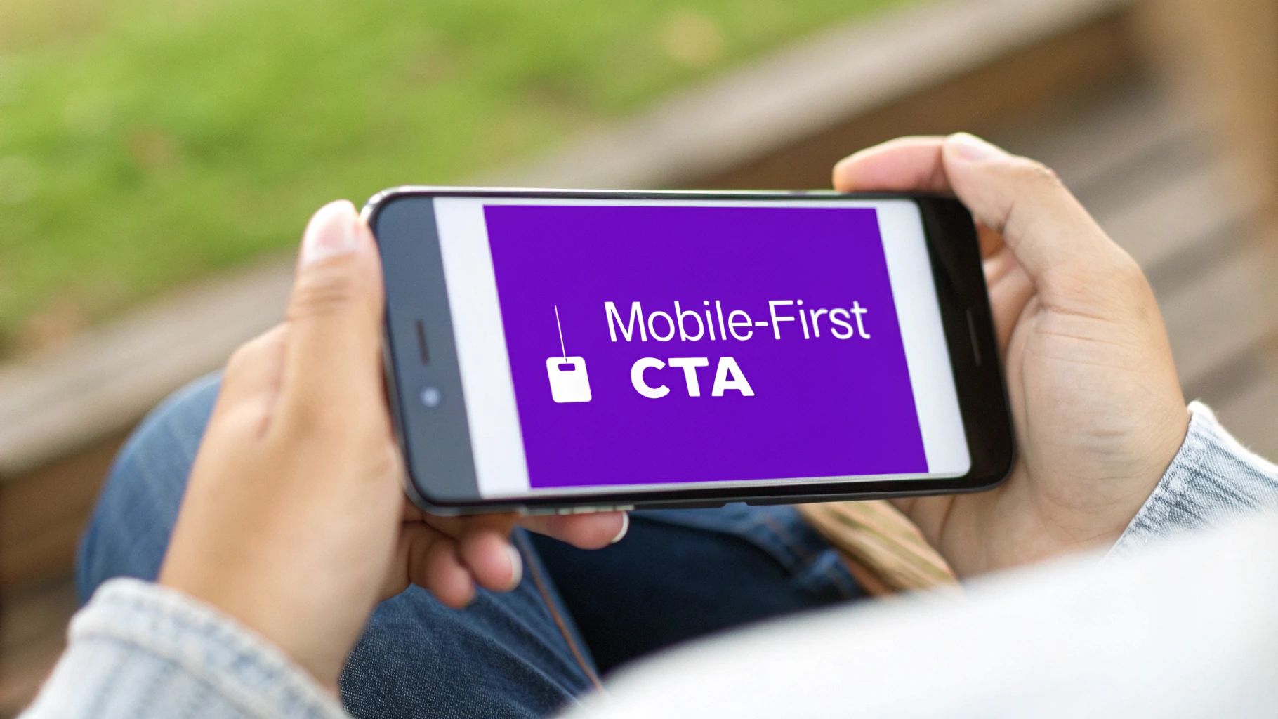 A person holds a smartphone horizontally displaying 'Mobile-First CTA' on a purple screen.