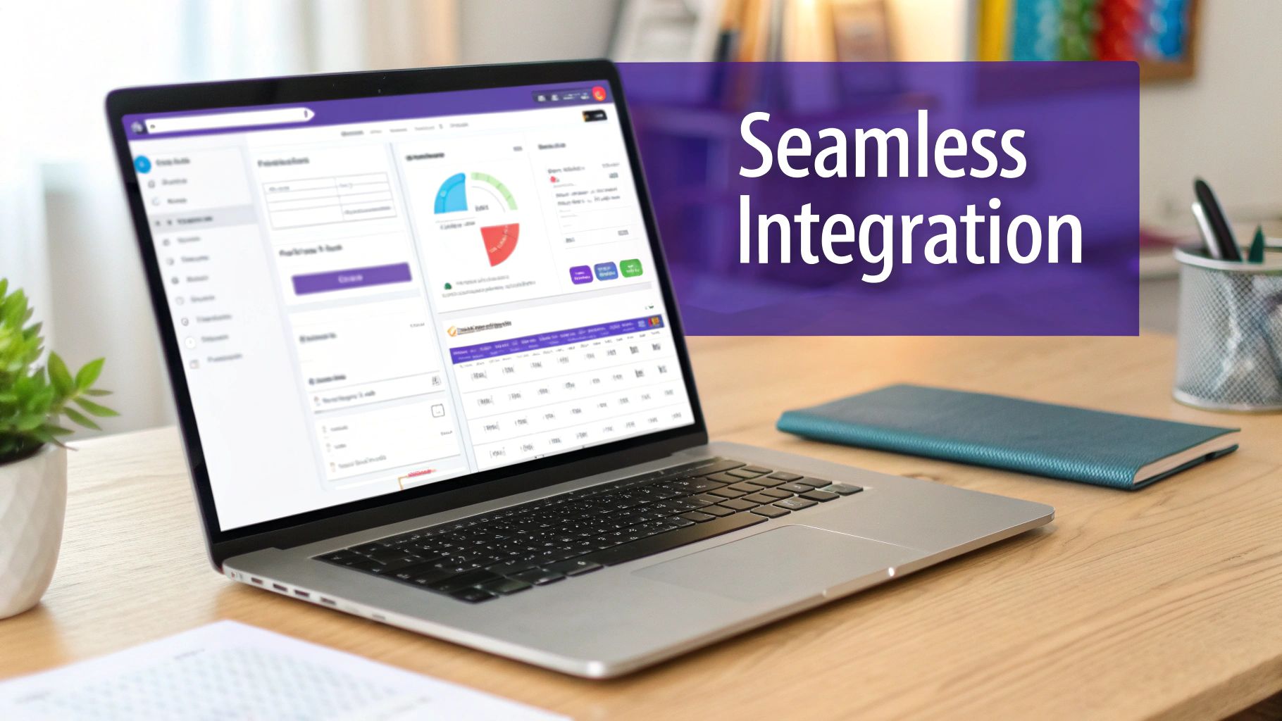 Laptop displaying a data dashboard with charts and graphs, accompanied by a 'Seamless Integration' text overlay.