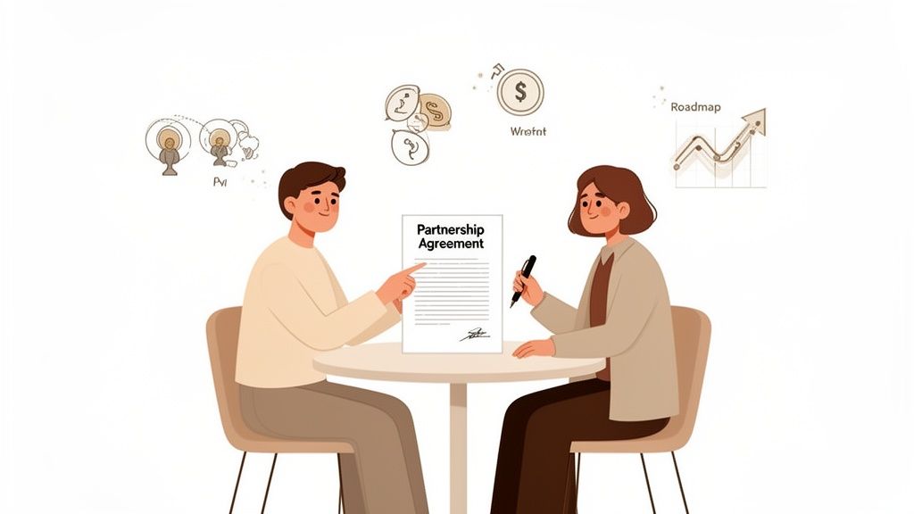 Illustration of a man and woman at a table, discussing a partnership agreement with business icons.