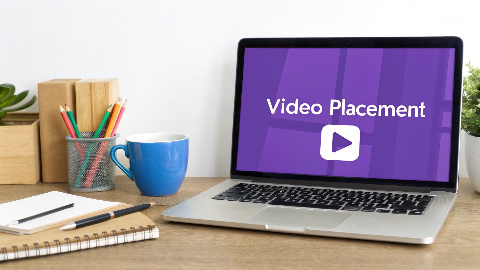 Laptop screen displaying 'Video Placement' and a play icon on a neat wooden desk.