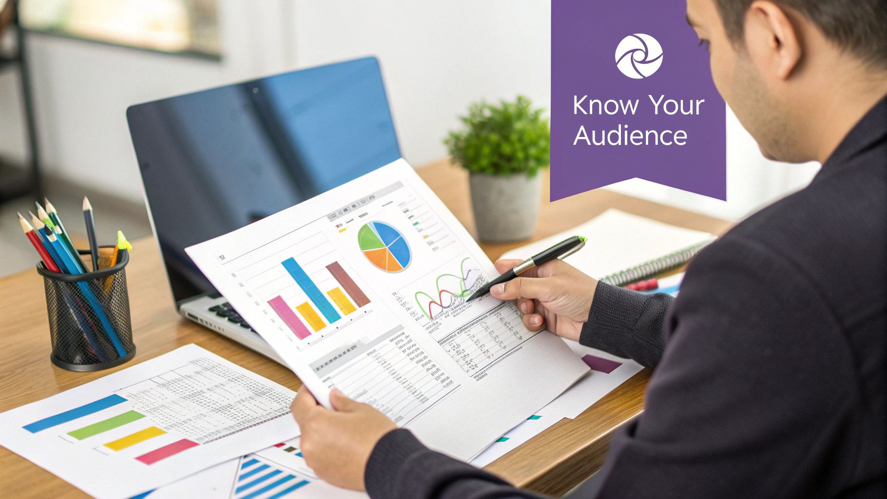 Woman working on laptop creating quality content for lead generation