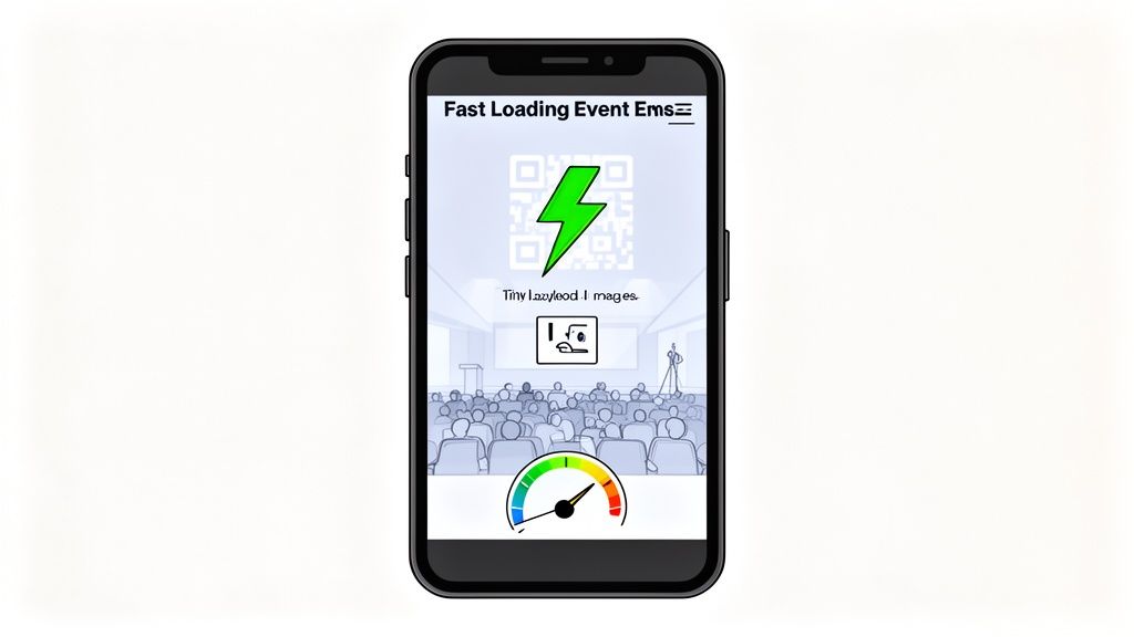 Smartphone app displaying fast loading event management with a QR code and a speed gauge.