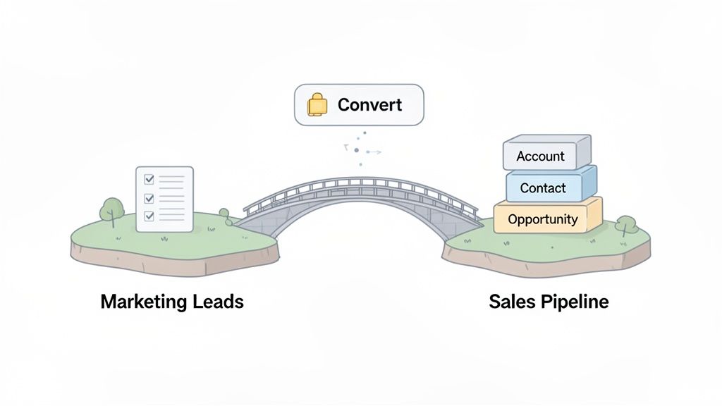 Illustration depicting marketing leads converting to a sales pipeline, including account, contact, and opportunity stages via a 'Convert' bridge.