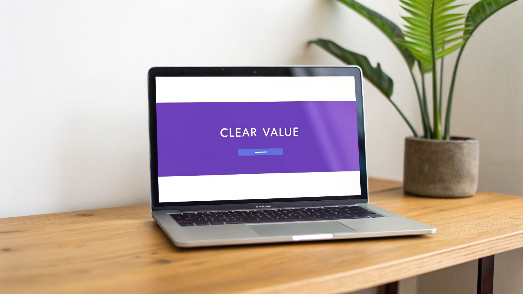 Laptop displaying clear value proposition on purple background with loading bar on wooden desk
