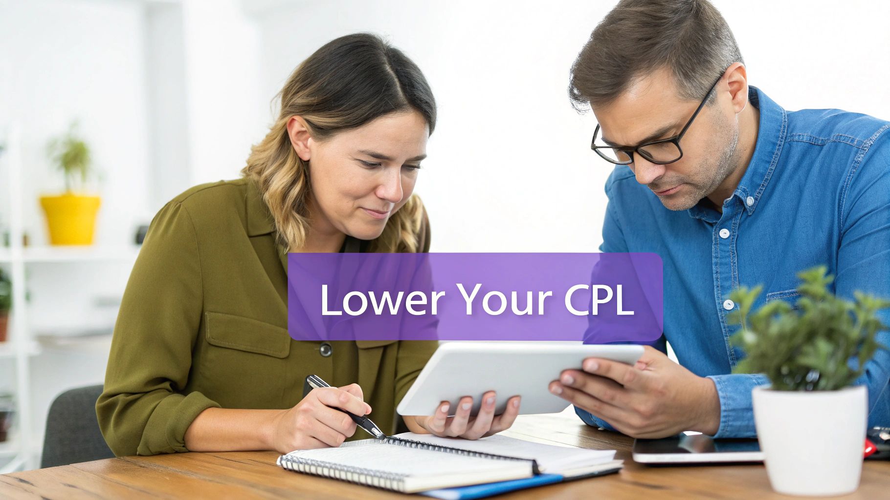 Two professionals collaborate, looking at a tablet and taking notes, with 'Lower Your CPL' overlay.