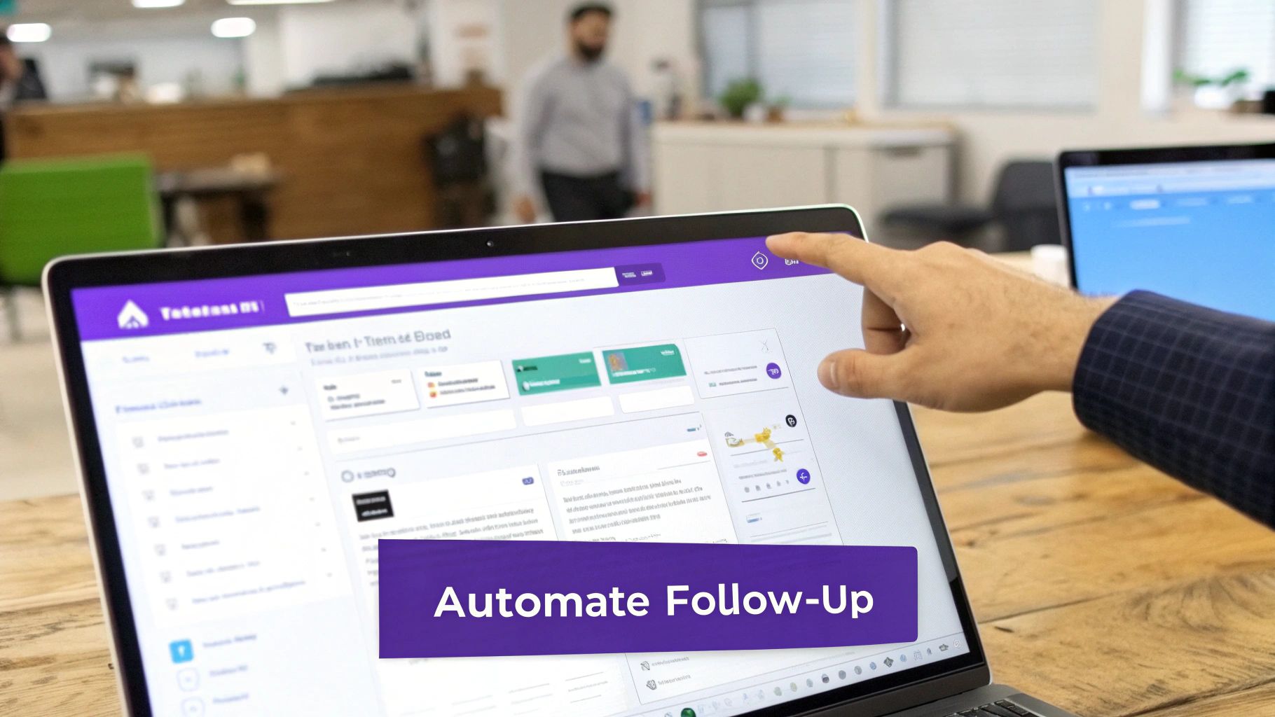 A hand points at a laptop screen displaying a web application dashboard with "Automate Follow-Up".