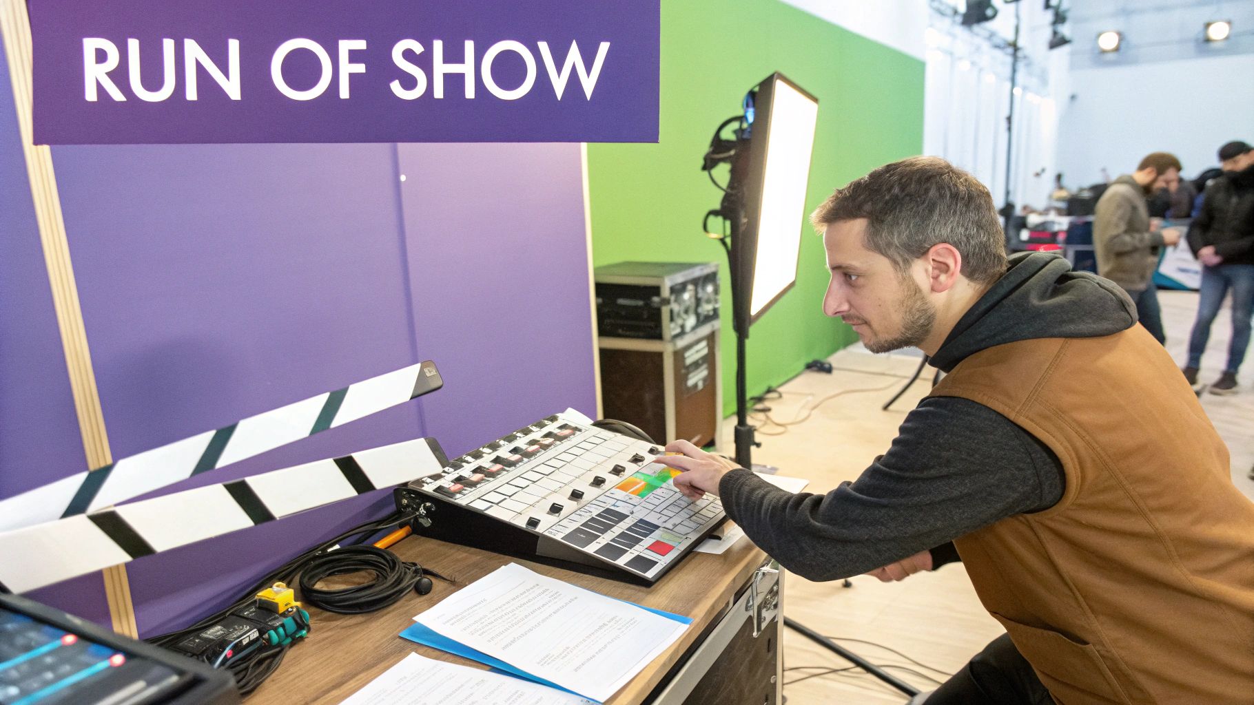 A man operates a sound or video mixer at a production control table during a product launch event, with a 'RUN OF SHOW' banner in the background.