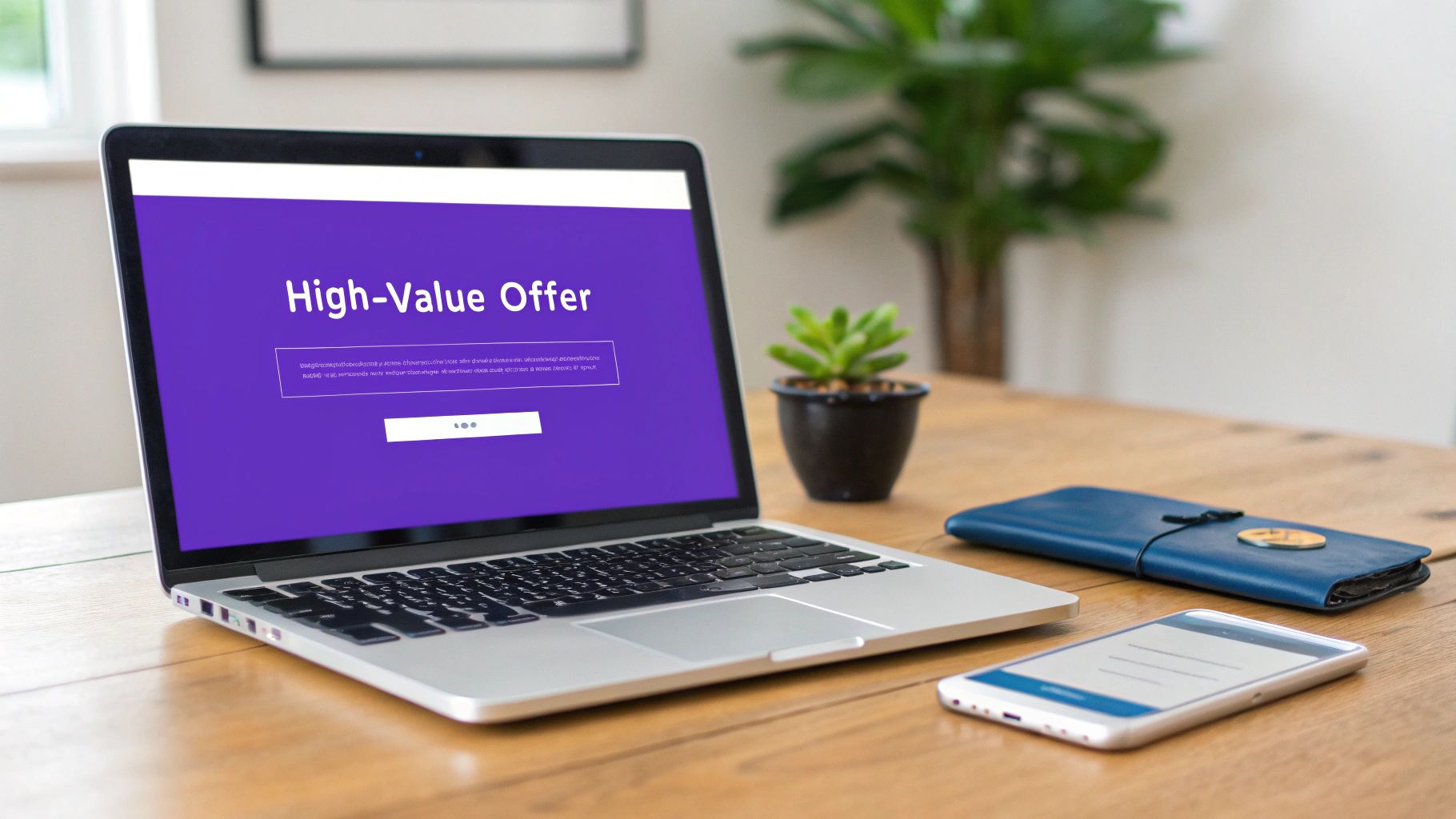 A laptop displaying 'High-Value Offer' on a wooden desk with a smartphone and a blue planner.