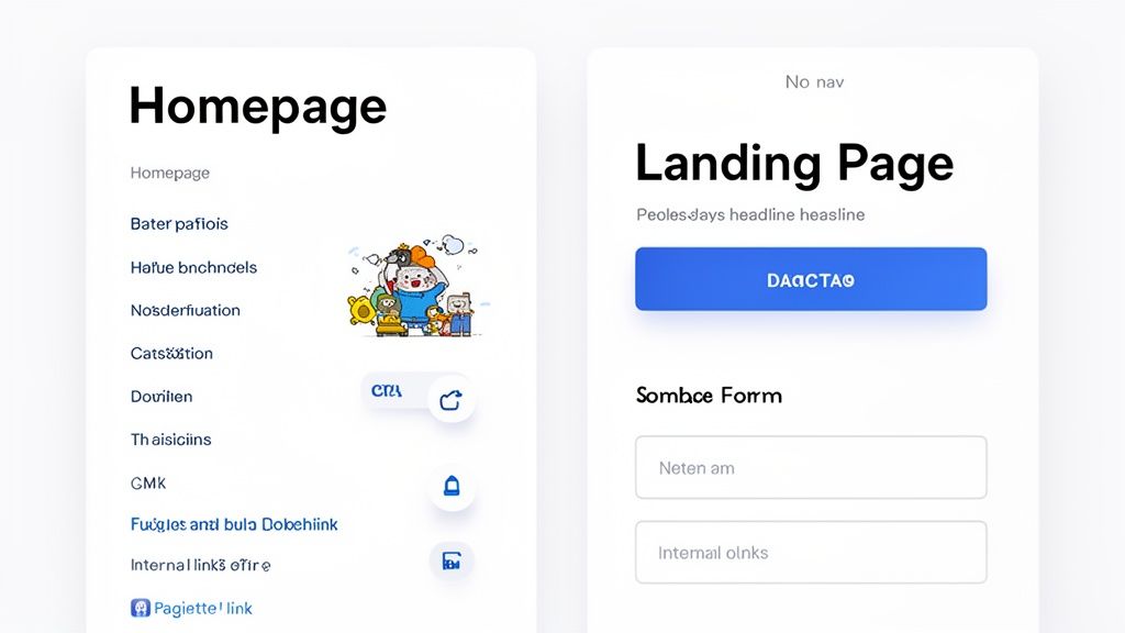 Comparison of a homepage design with a navigation menu and illustration, and a landing page with a CTA and form fields.