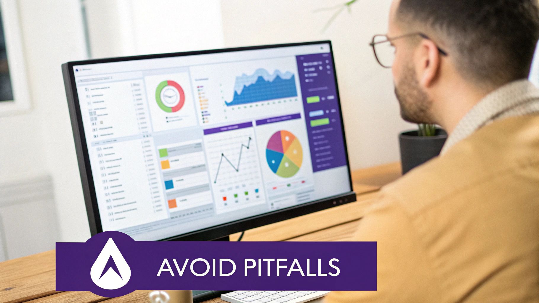 A man views a computer screen displaying various data charts, graphs, and business analytics, with 'Avoid Pitfalls' text overlay.