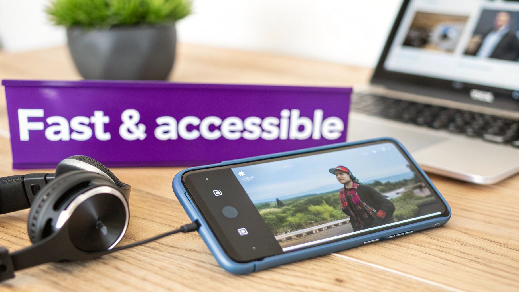 A smartphone playing a video, connected to headphones, with a 'Fast & accessible' sign and laptop.