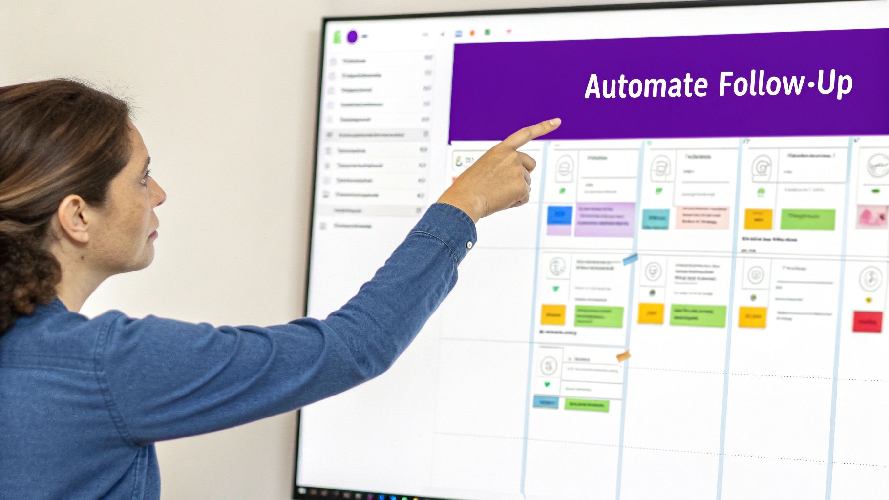 Professional woman pointing at screen displaying automated follow-up workflow with colorful task cards