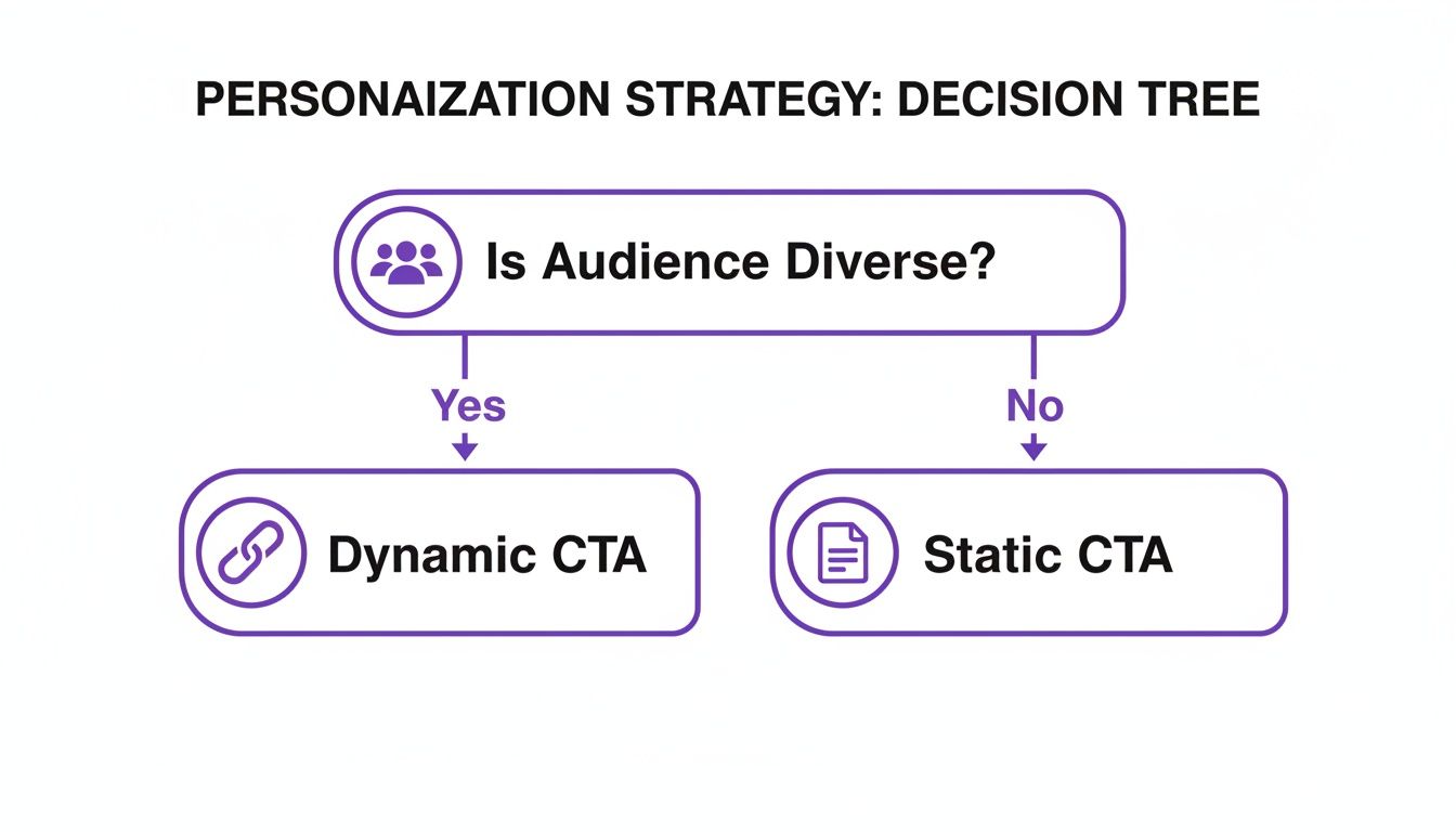 Personalization strategy decision tree showing when to use dynamic versus static CTAs based on audience diversity.