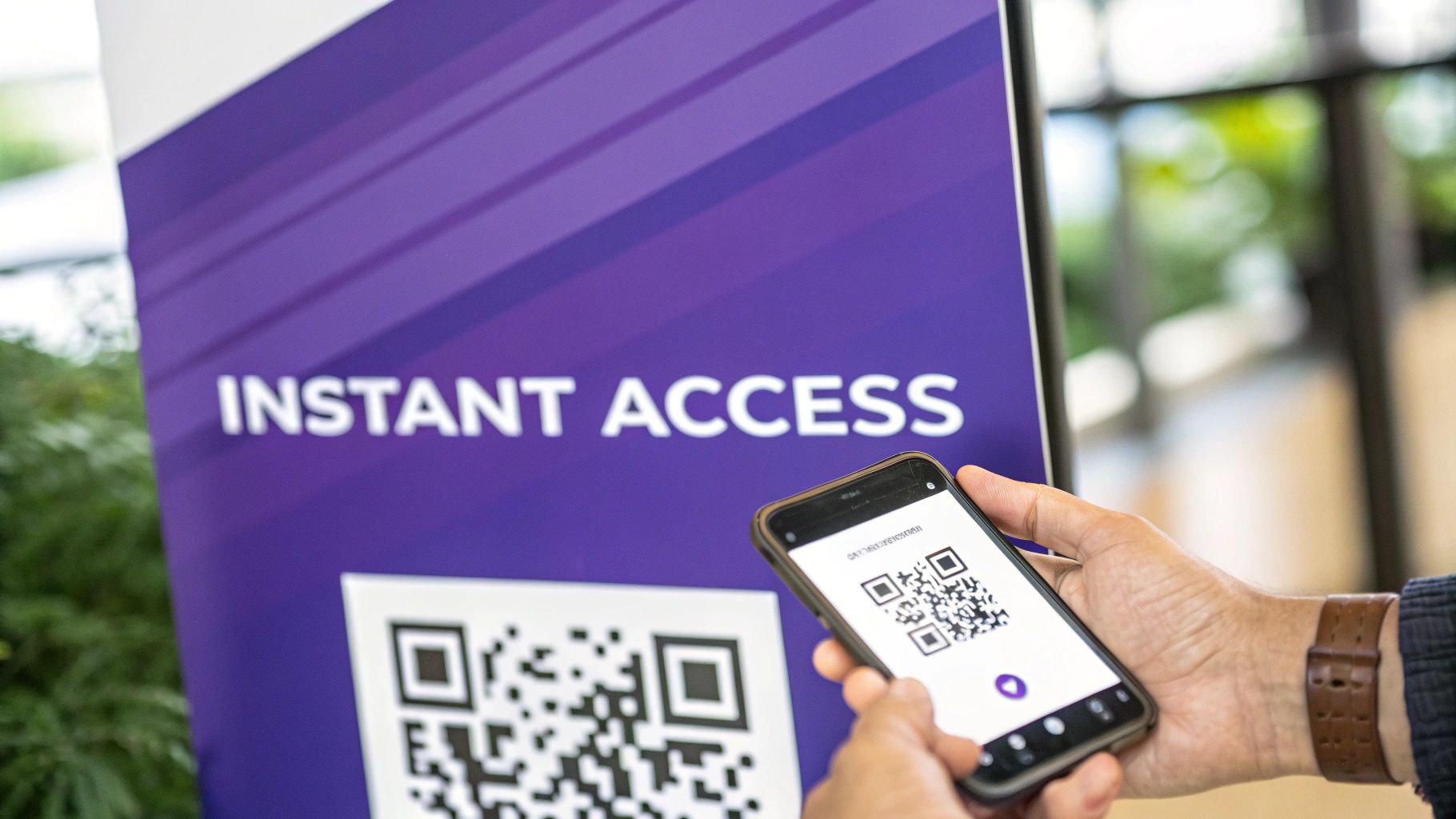 A person uses a smartphone to scan a QR code on a purple 'INSTANT ACCESS' sign.