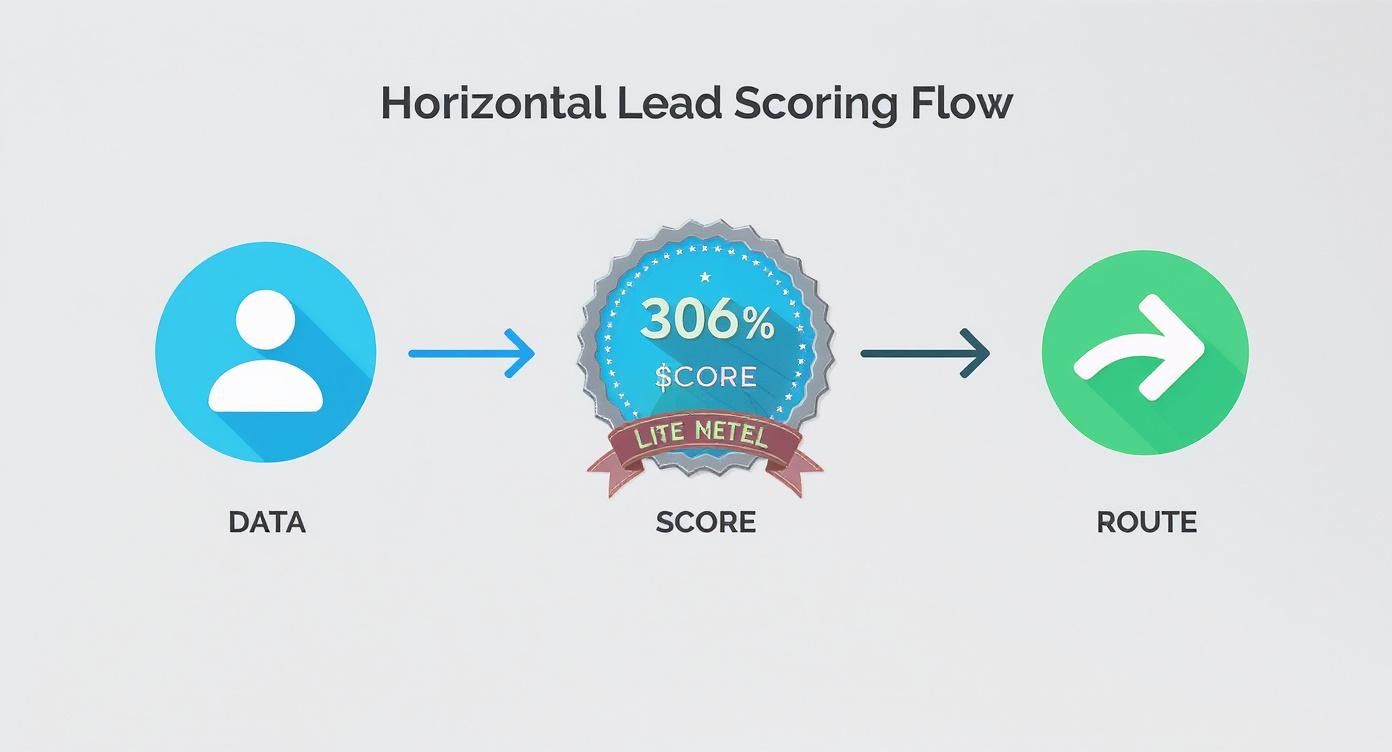 A horizontal lead scoring flow diagram showing data input, scoring with 306%, and routing.