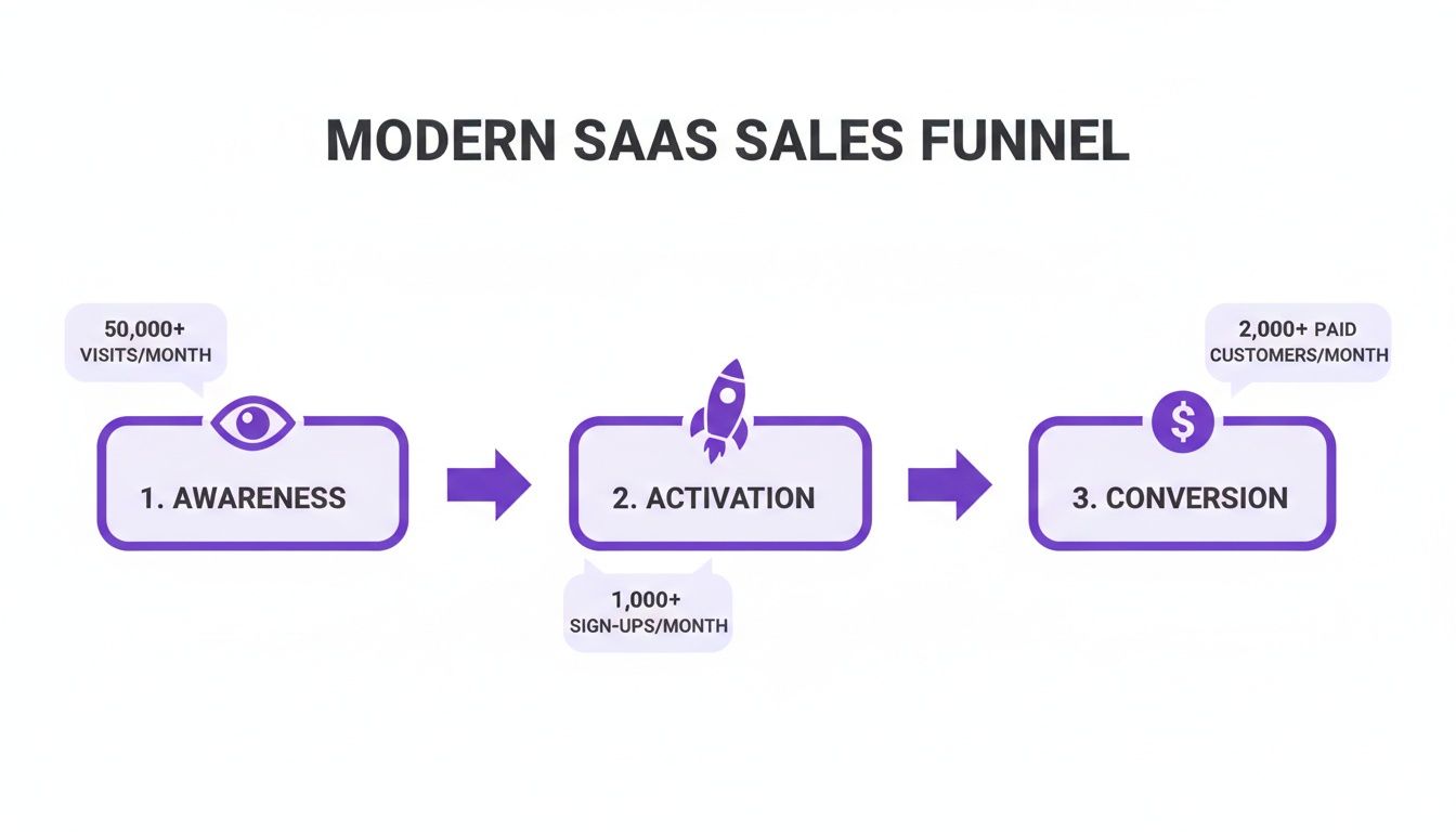 Modern SaaS sales funnel illustrating awareness, activation, and conversion stages with metrics.