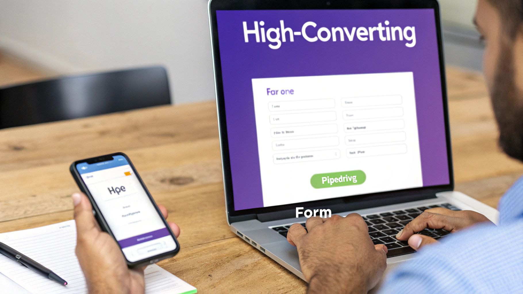 Person filling out Pipedrive web forms on a laptop and a mobile phone.
