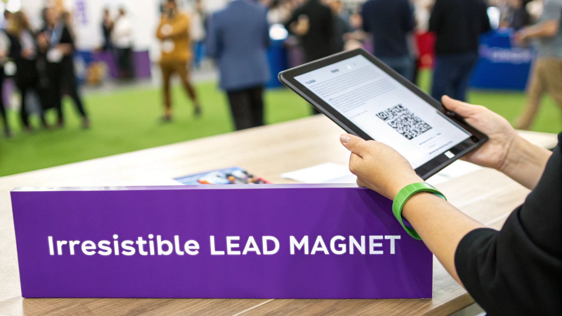 A person holds a tablet displaying a QR code, with a sign reading 'Irresistible LEAD MAGNET' at an event.
