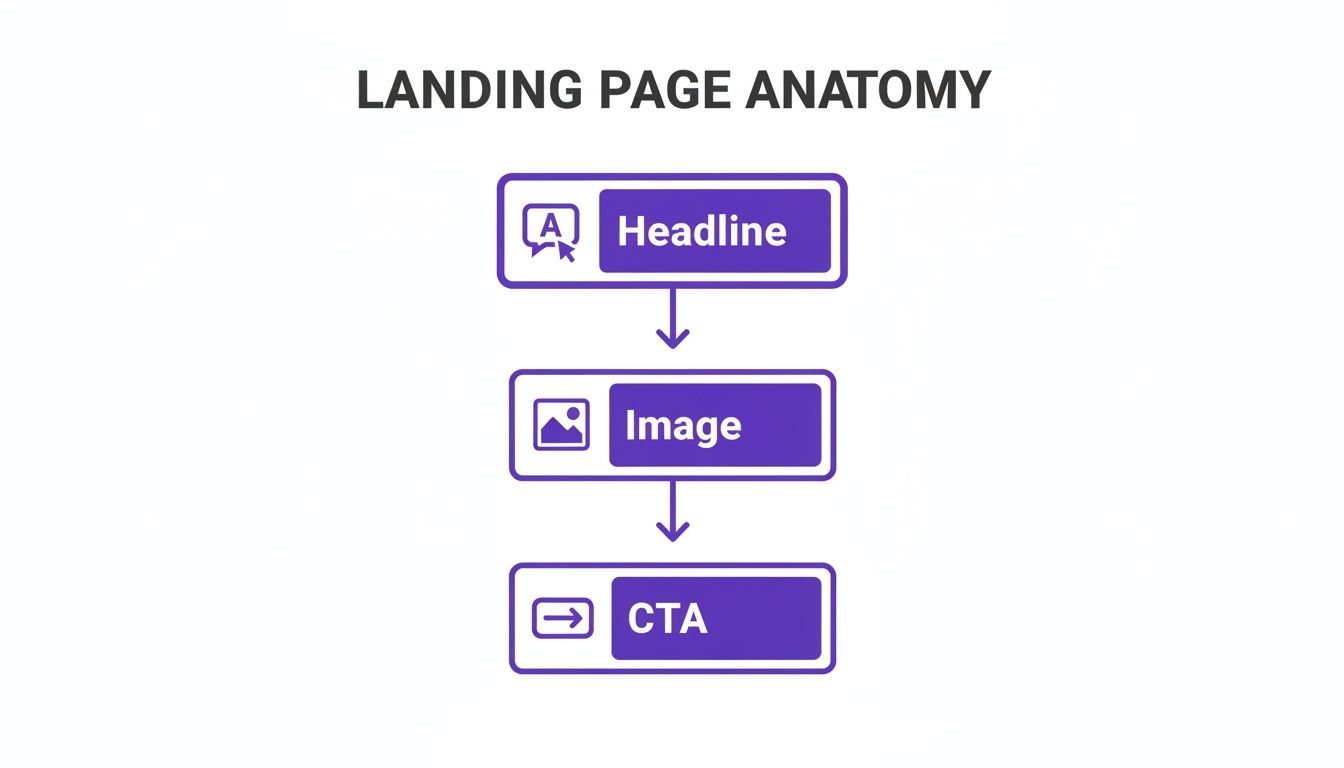 Flowchart illustrating the anatomy of a landing page, including headline, image, and call to action.