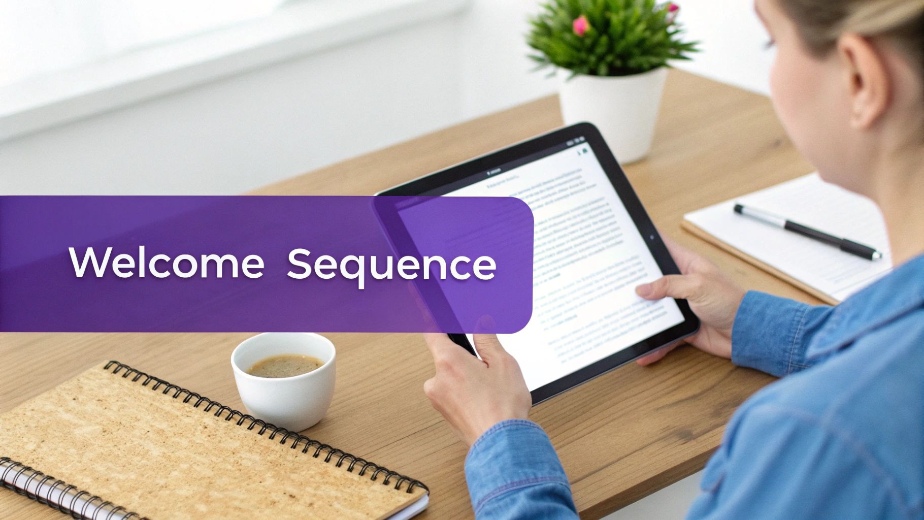 A person views a 'Welcome Sequence' on a tablet at a wooden desk with a notebook and coffee.