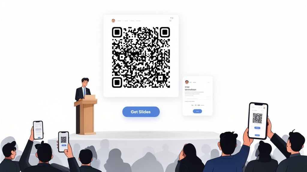 Audience members scan QR codes on smartphones during a presentation by a speaker.