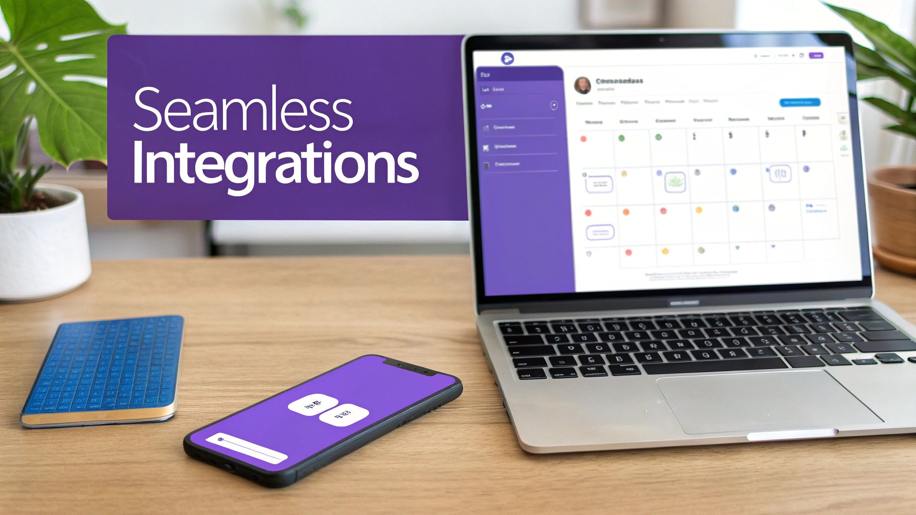 A laptop and smartphone on a wooden desk showcasing 'Seamless Integrations' for a dynamic workflow.