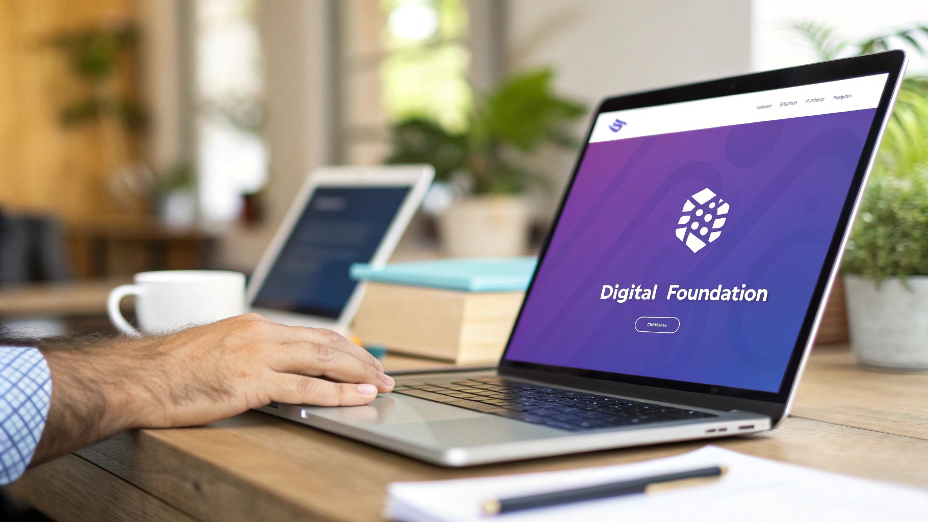 A person pointing at a screen showing business analytics charts and graphs.