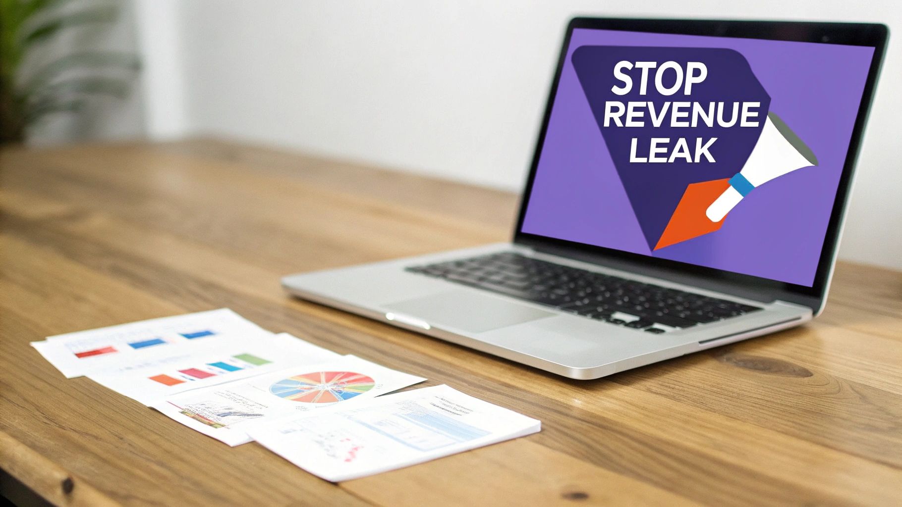 A laptop displaying 'STOP REVENUE LEAK' with a megaphone icon, next to business charts on a wooden desk.
