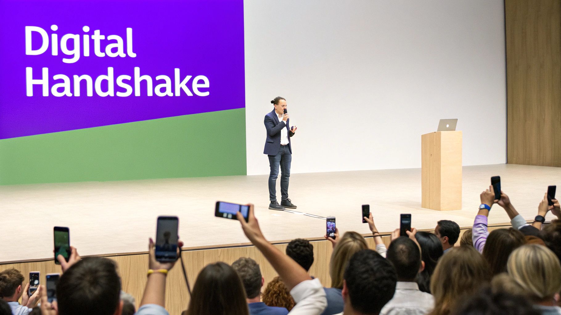 Presenter on stage speaking at a conference, with a 'Digital Handshake' screen and an audience recording with phones.